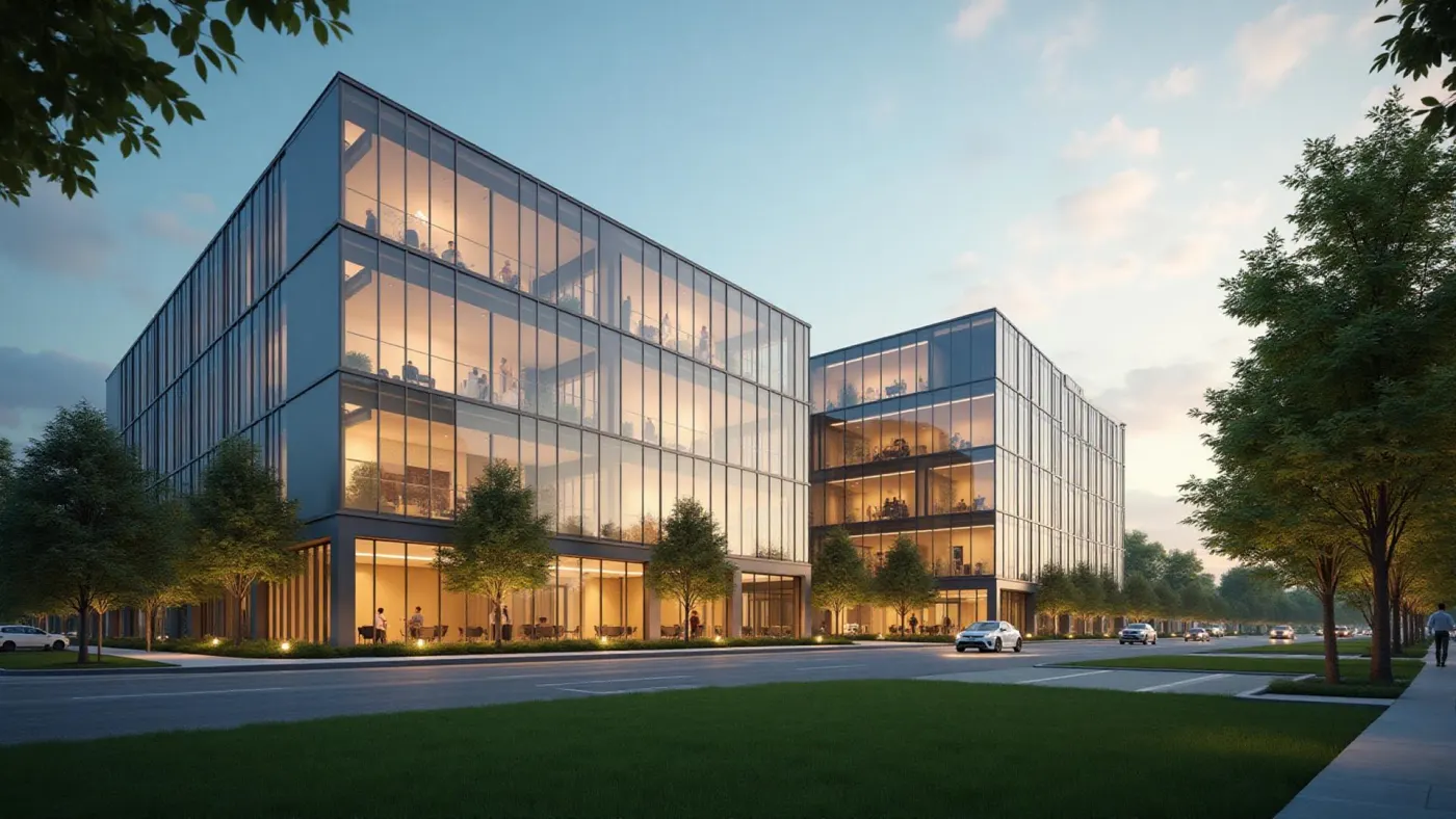 An Edison Technology Park building exterior in Menlo Park, low tilt-up construction with landscaping in front.