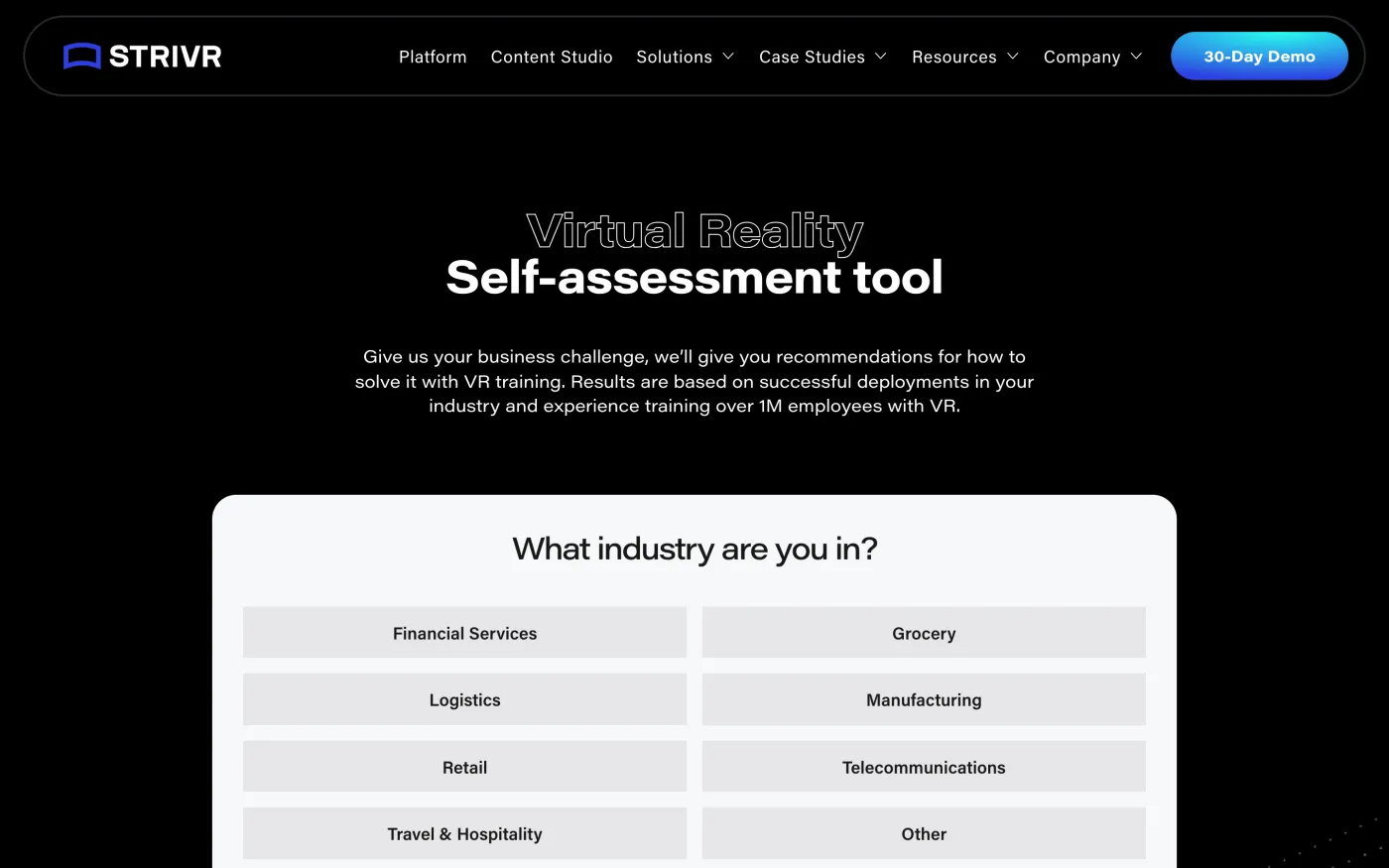 The Strivr Virtual Reality Self-assessment tool: an outlined headline over a white card asking What industry are you in, with options including Financial Services, Grocery, Logistics, Manufacturing, Retail, and Telecommunications.
