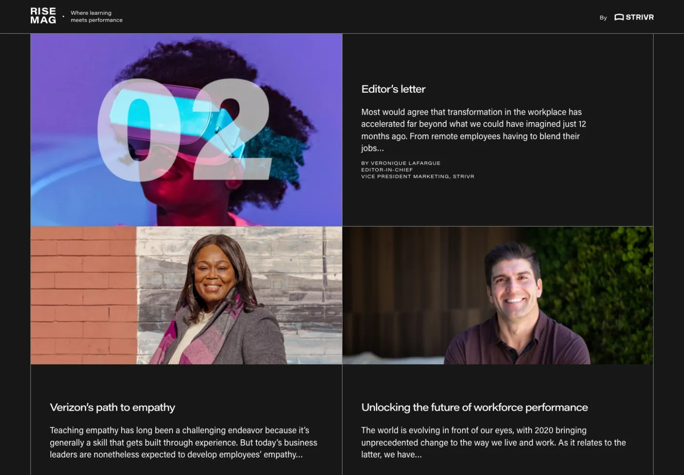 The Rise Mag Issue 02 landing page, an editorial grid on black with the editor's letter and article cards for Verizon's path to empathy and Unlocking the future of workforce performance.
