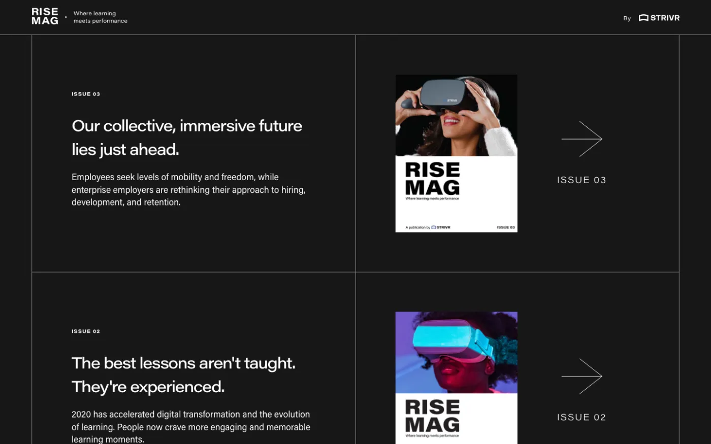 The Rise Mag issue index, a dark two-column grid with cover art for Issue 03 and Issue 02 beside their pull quotes.