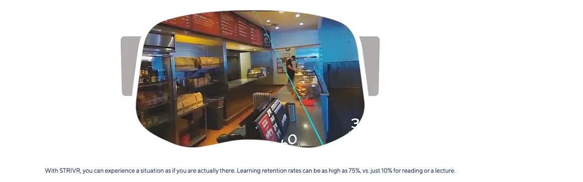 A VR headset framing an immersive training scene, from Strivr's 2018 site.